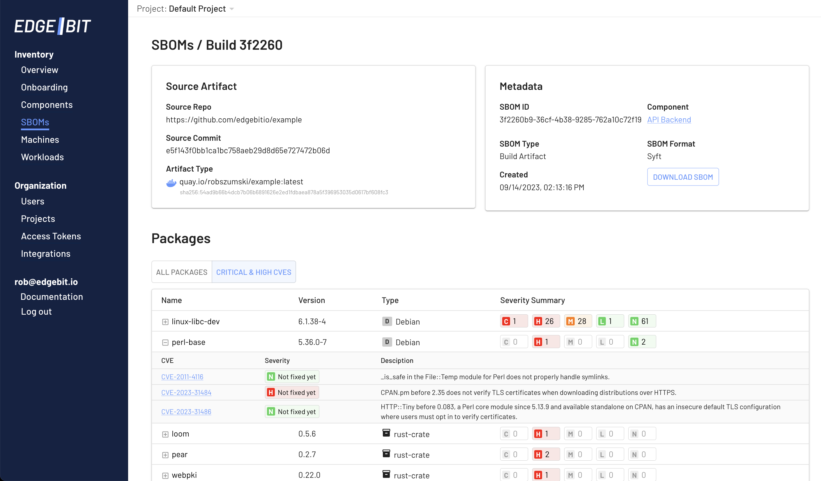 EdgeBit SBOM detail