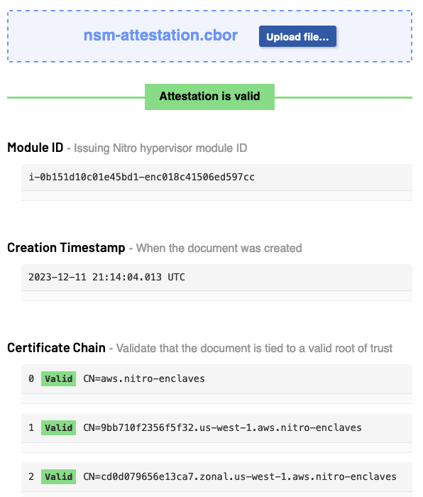 Screenshot of the attestation explorer, showing the NSM module ID, creation timestamp, and the first few entries of the certificate chain