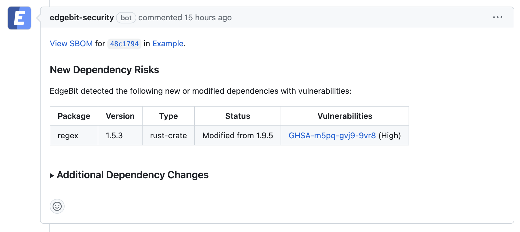 EdgeBit's GitHub bot provides context on a dependency with info from your server fleet